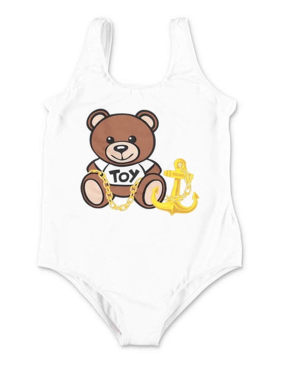 Moschino White Kids One-Piece Swimsuit with Brown Bear and Yellow Anchor
